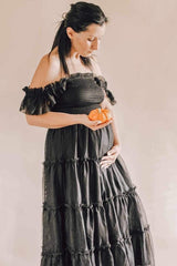 Black Smocked Mesh Ruffle Accent Maternity Midi Dress from PinkBlush