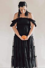 Black Smocked Mesh Ruffle Accent Maternity Midi Dress from PinkBlush