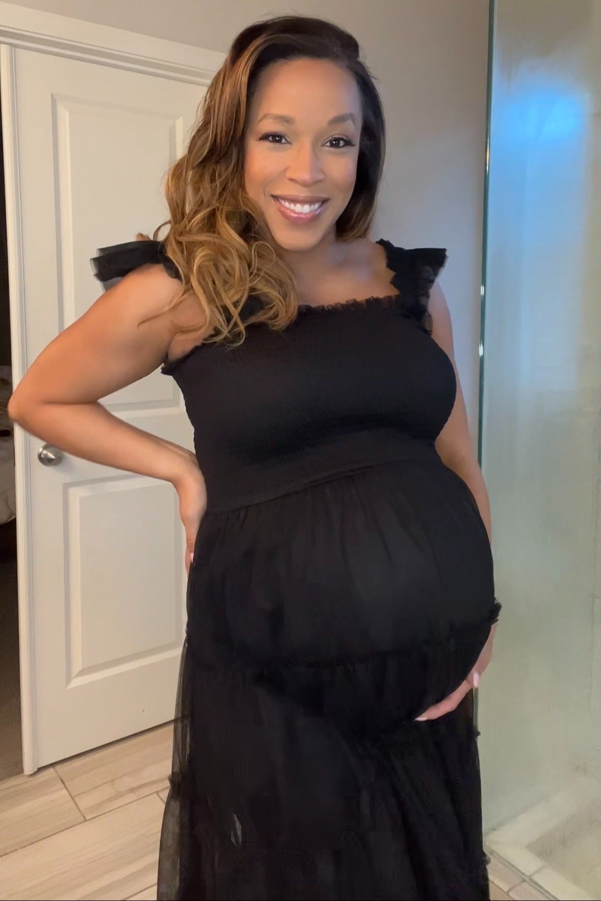 Black Smocked Mesh Ruffle Accent Maternity Midi Dress from PinkBlush