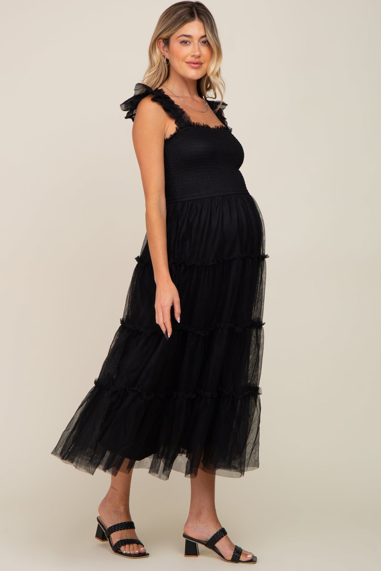 Black Smocked Mesh Ruffle Accent Maternity Midi Dress from PinkBlush