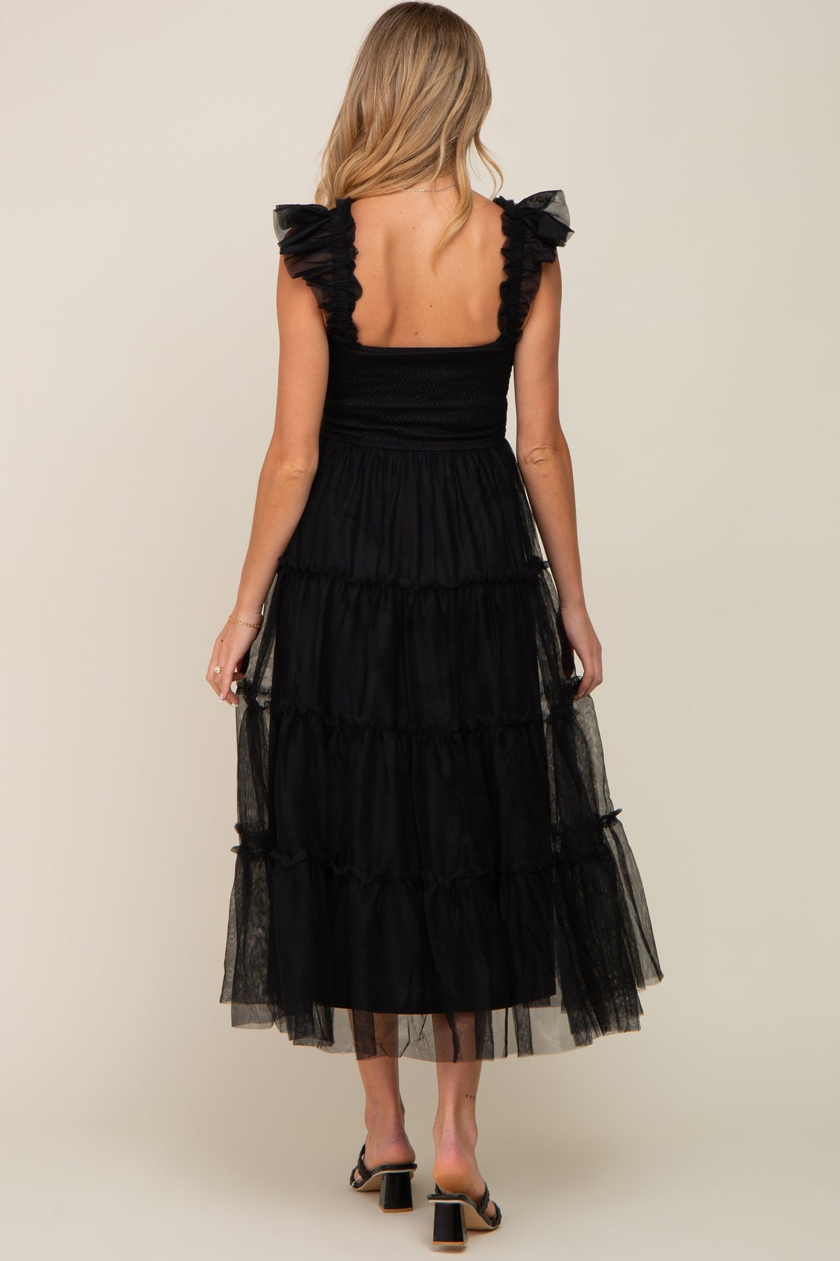Black Smocked Mesh Ruffle Accent Maternity Midi Dress from PinkBlush