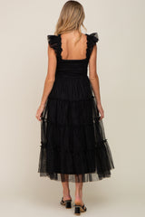 Black Smocked Mesh Ruffle Accent Maternity Midi Dress from PinkBlush