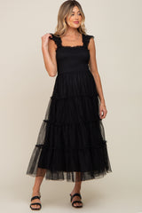Black Smocked Mesh Ruffle Accent Maternity Midi Dress from PinkBlush