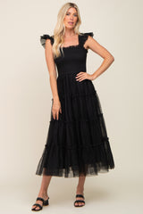 Black Smocked Mesh Ruffle Accent Maternity Midi Dress from PinkBlush