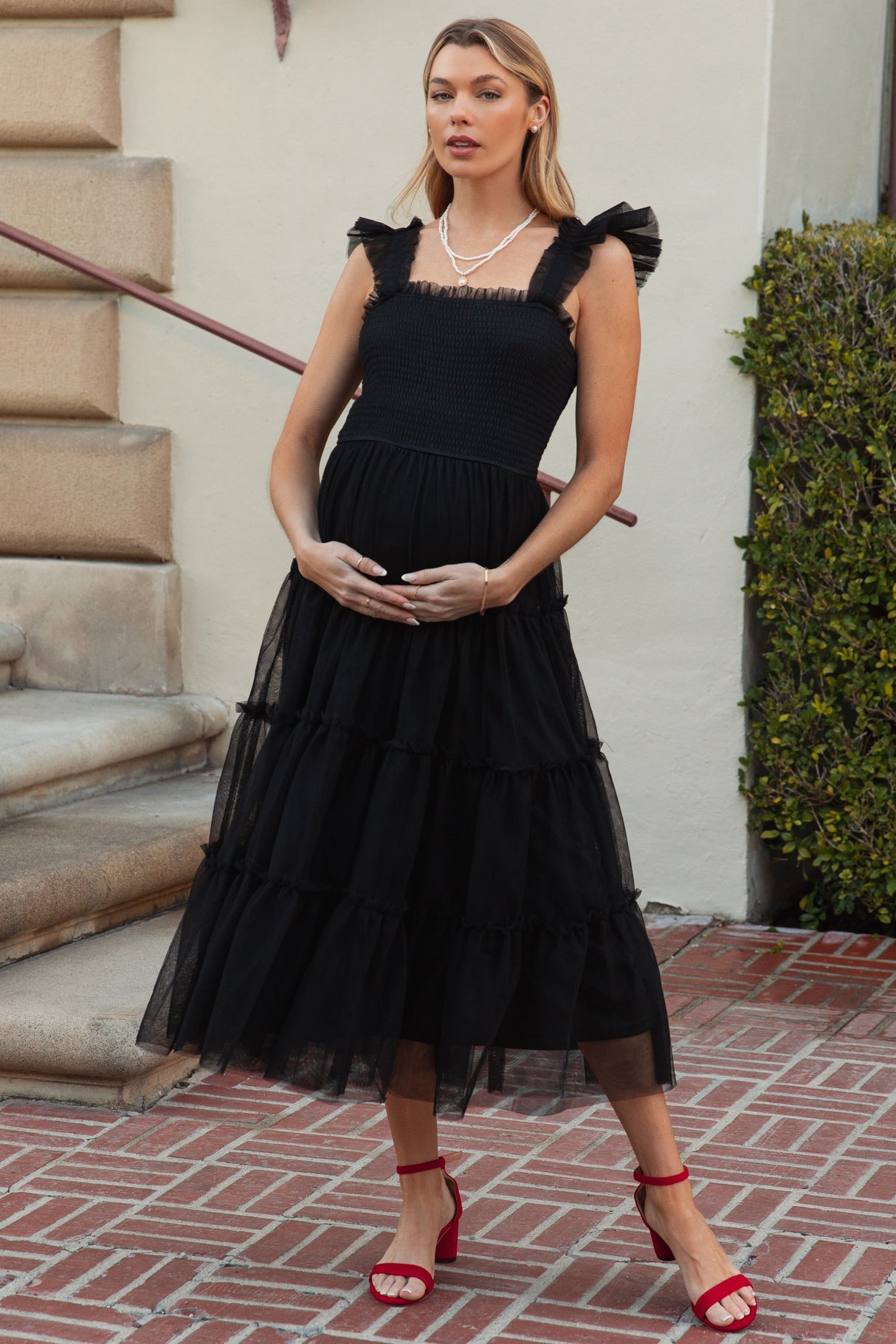 Black Smocked Mesh Ruffle Accent Maternity Midi Dress from PinkBlush