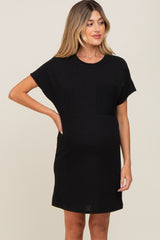 Black Ribbed Front Pocket Dolman Short Sleeve Maternity Dress from PinkBlush