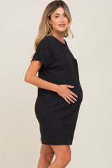 Black Ribbed Front Pocket Dolman Short Sleeve Maternity Dress from PinkBlush
