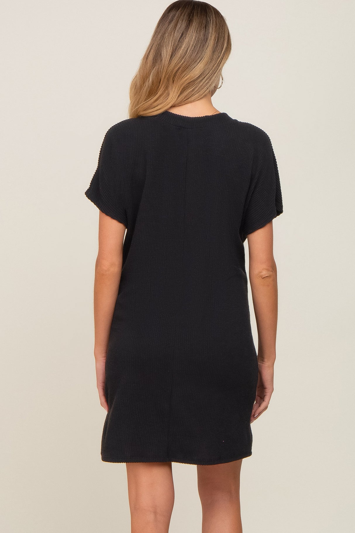 Black Ribbed Front Pocket Dolman Short Sleeve Maternity Dress from PinkBlush