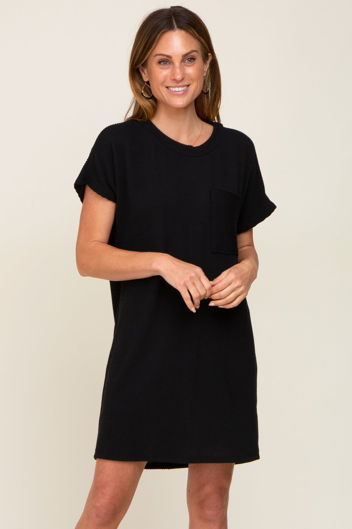 Black Ribbed Front Pocket Dolman Short Sleeve Maternity Dress from PinkBlush