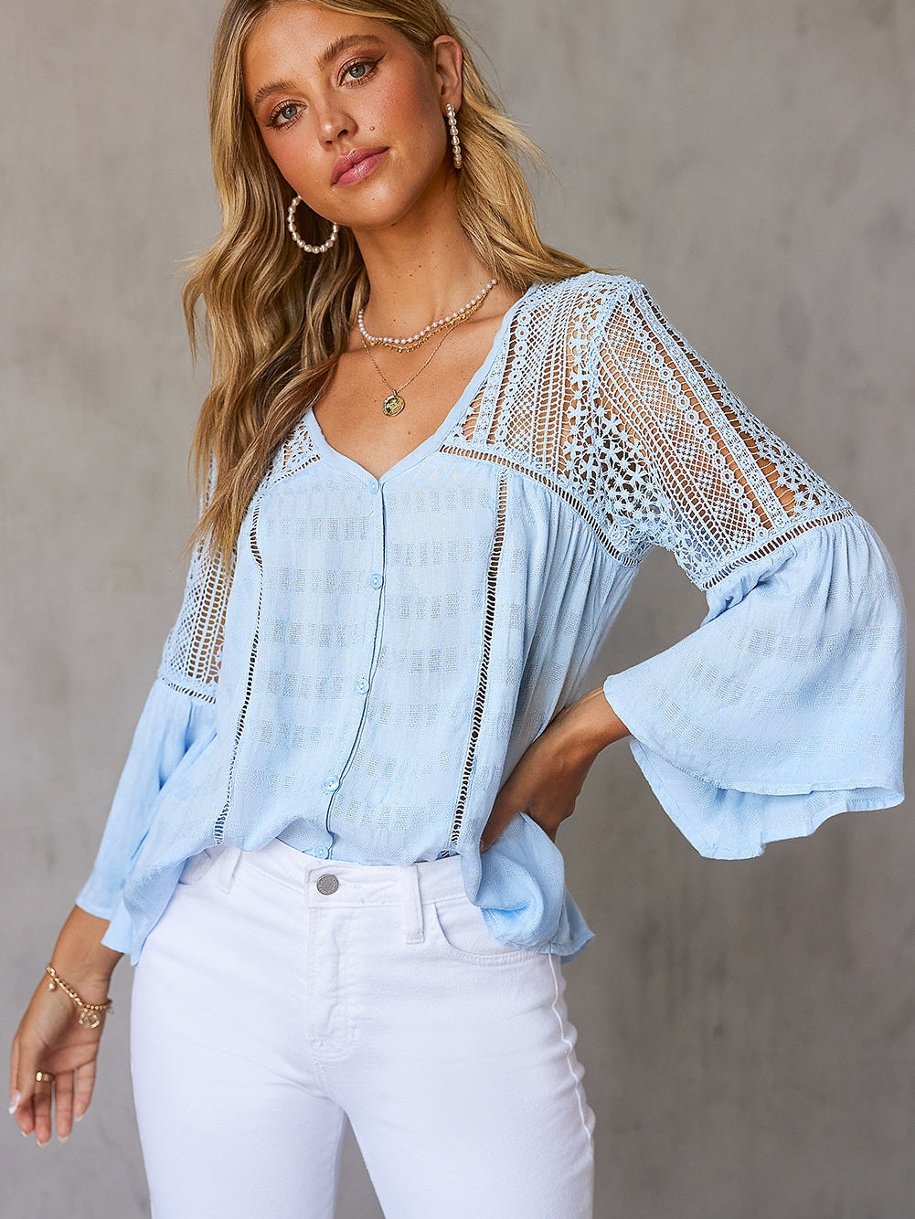 3/4 Sleeve Crochet Blouse in Light Blue from MsDressly