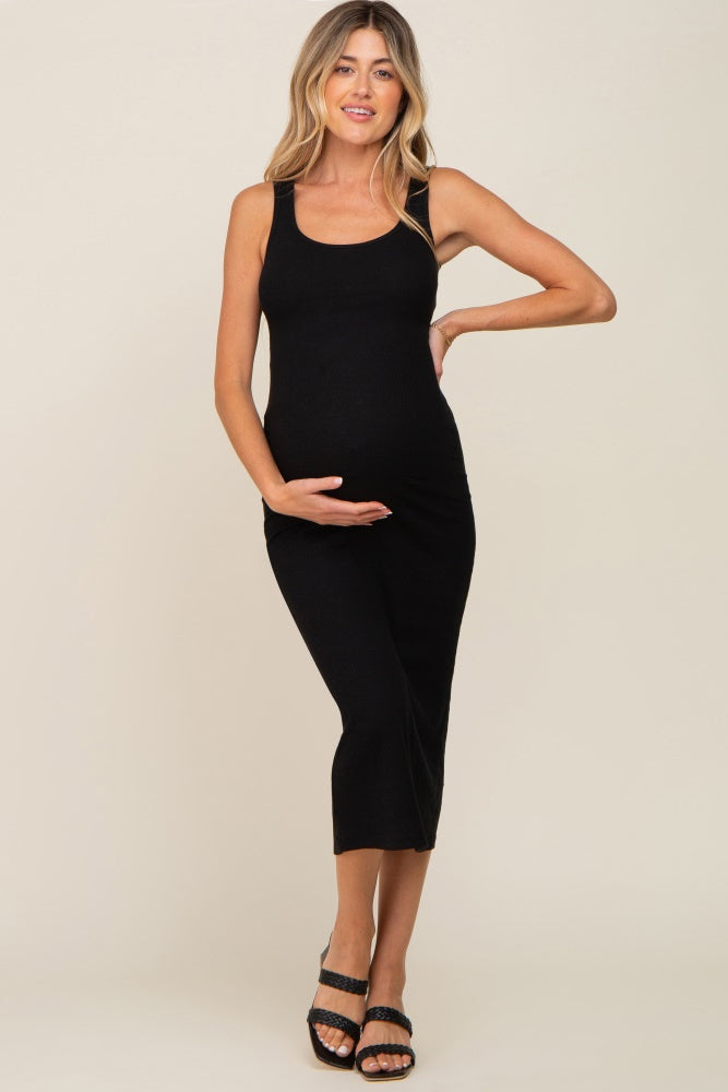 Black Ribbed Basic Maternity Maxi Dress from PinkBlush