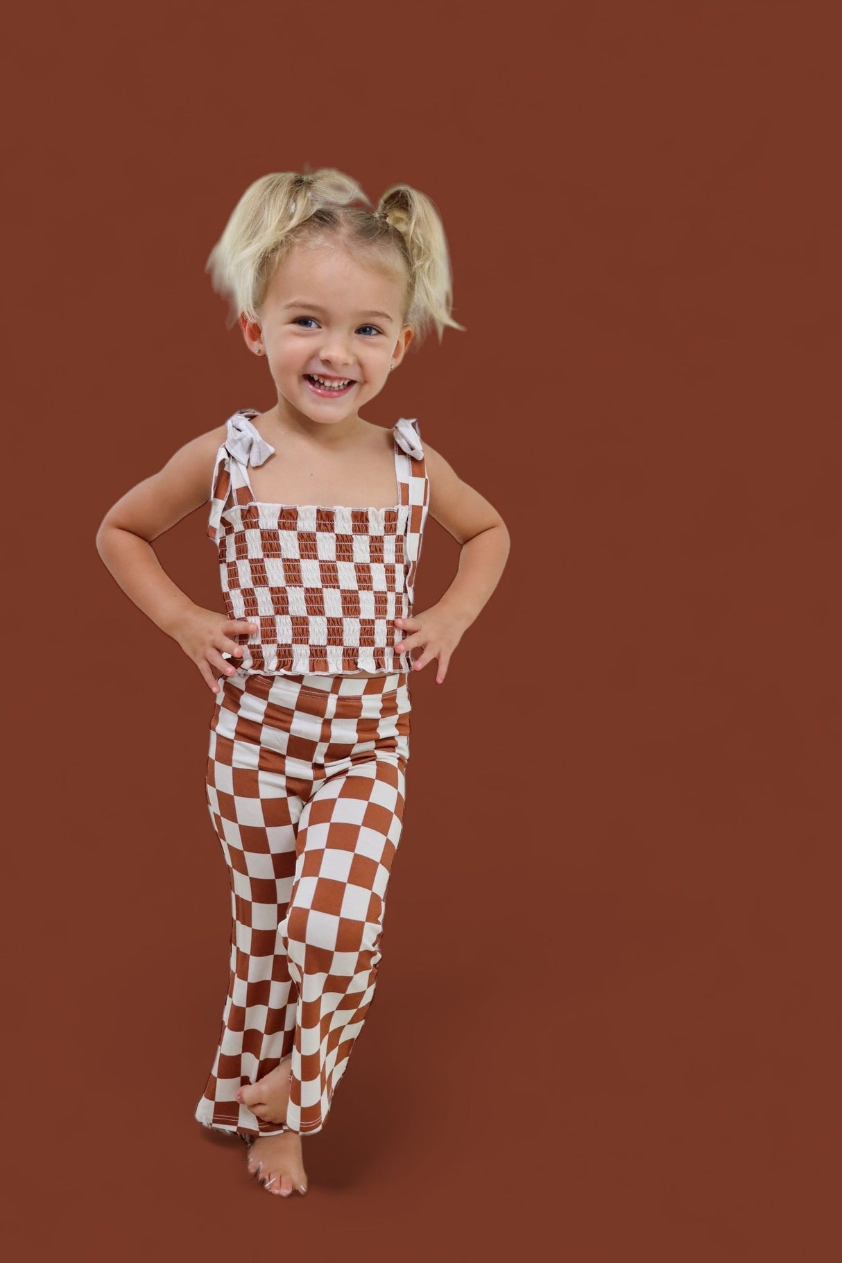 COPPER CHECKERS DREAM SMOCKED FLARE SET from DREAM BIG LITTLE CO