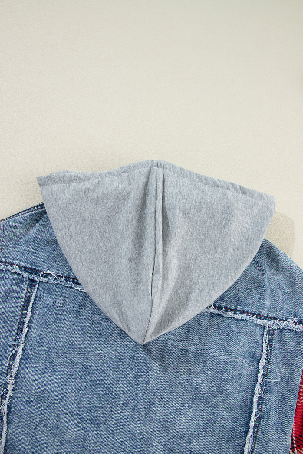 Beau Blue Plaid Print Patchwork Hooded Raw Hem Denim Jacket from MsDressly