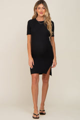 Black Ribbed Basic Short Sleeve Maternity Dress from PinkBlush
