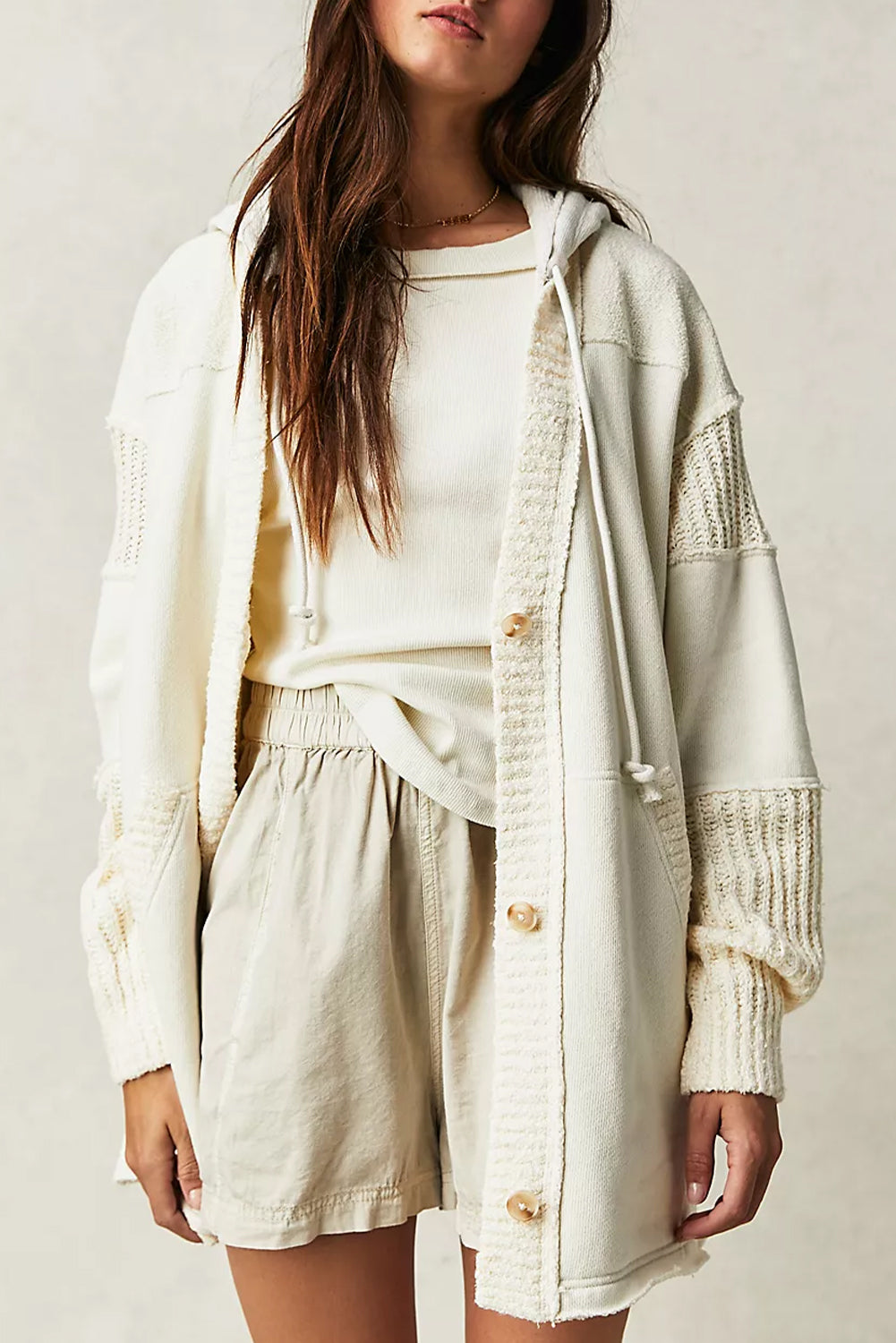 Beige Contrast Knit Patchwork Hooded Functional Coat From MsDressly