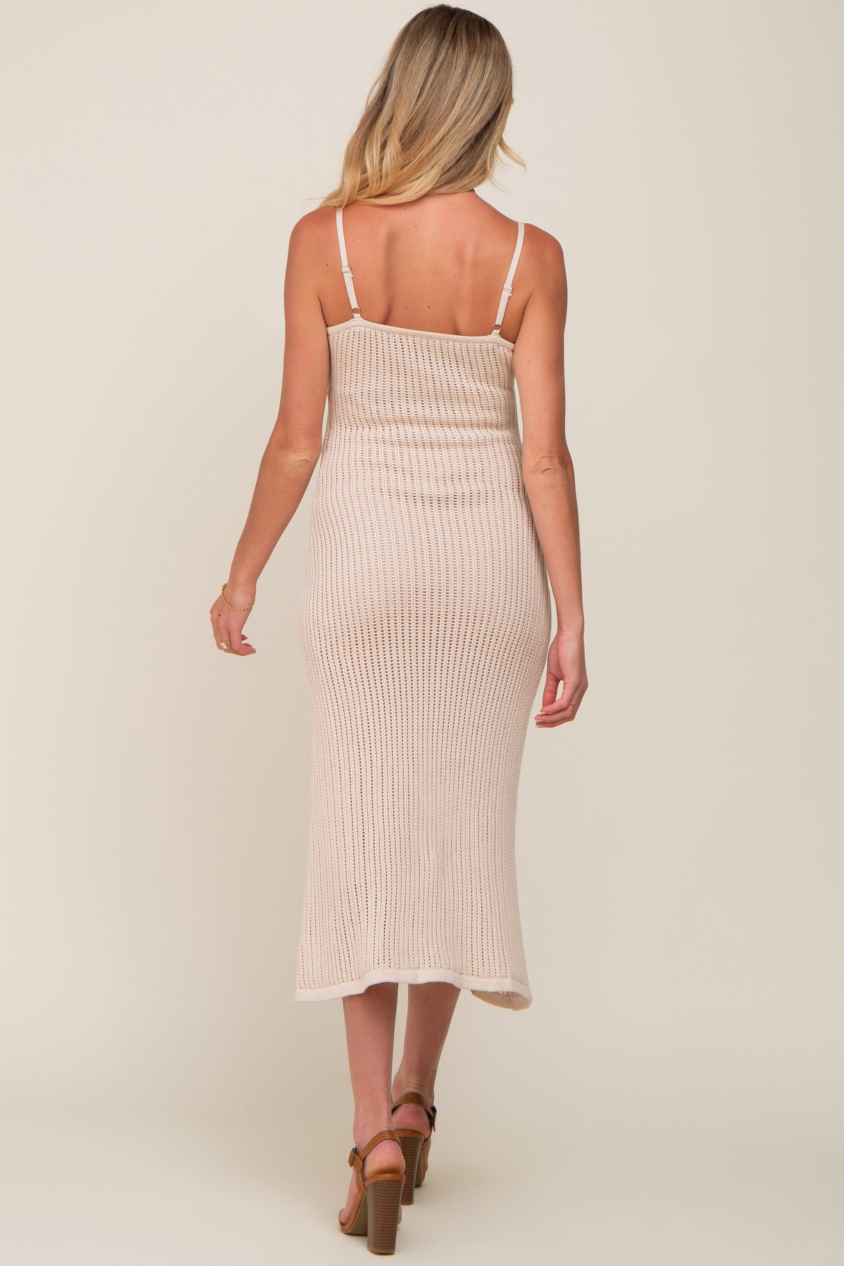 Beige Open Knit Crochet Maternity Midi Dress from PinkBlush
