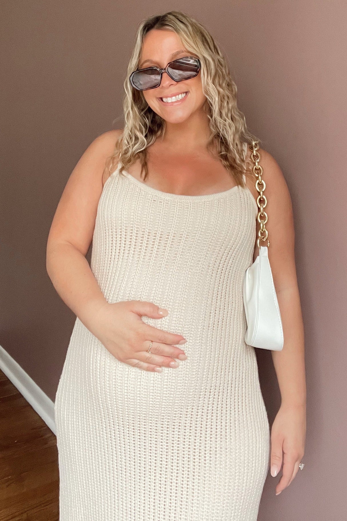 Beige Open Knit Crochet Maternity Midi Dress from PinkBlush