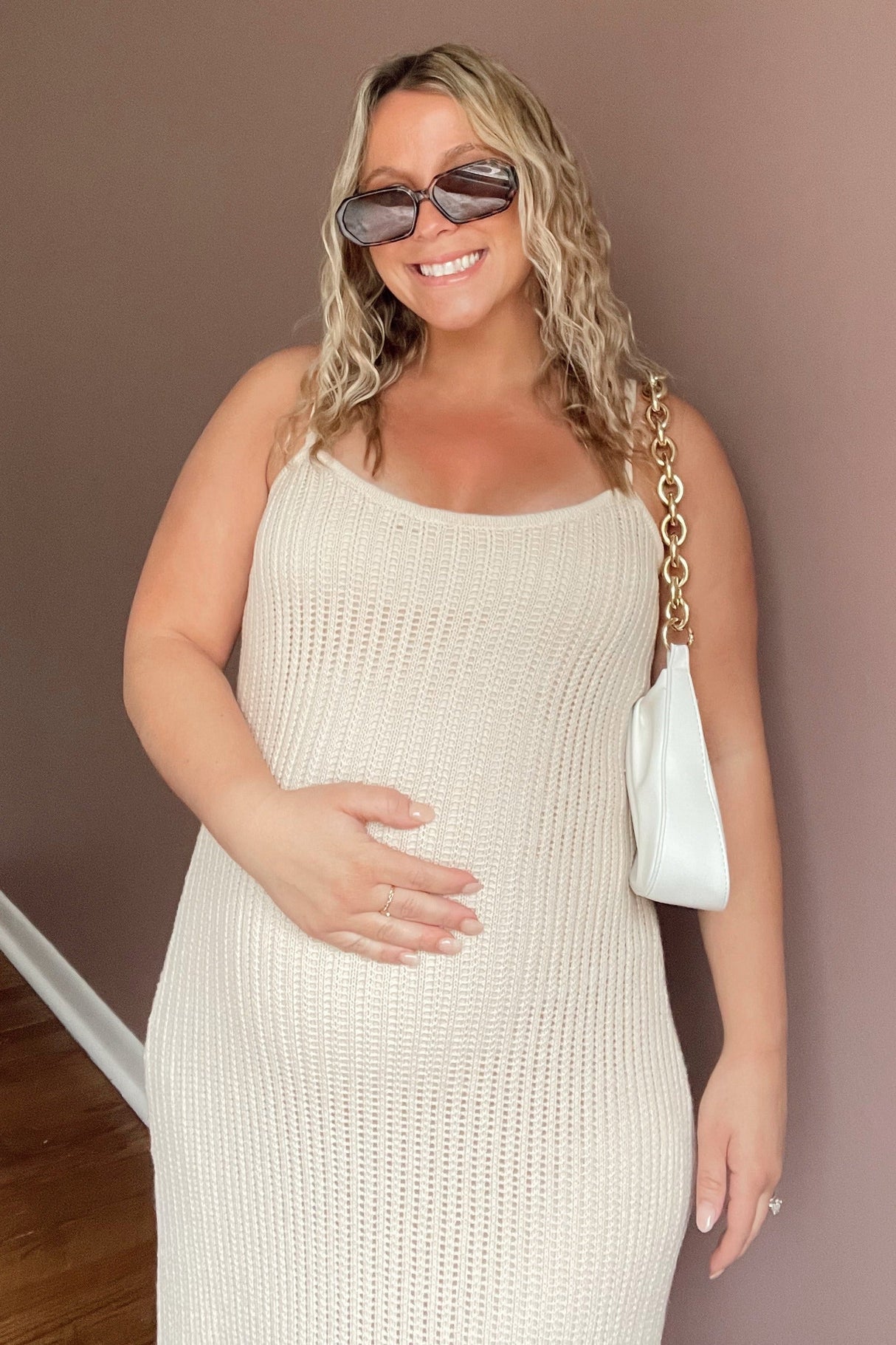 Beige Open Knit Crochet Maternity Midi Dress from PinkBlush