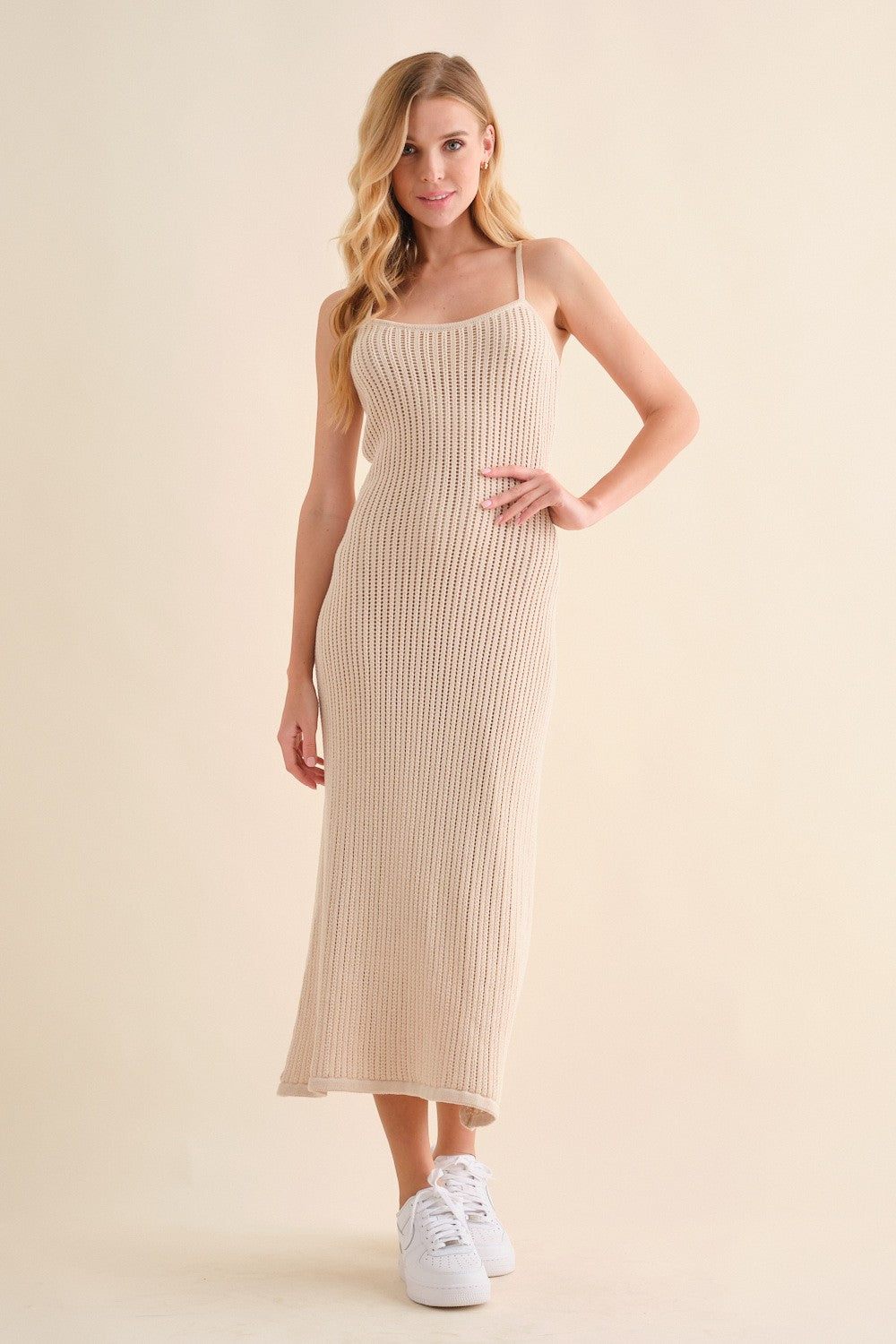 Beige Open Knit Crochet Maternity Midi Dress from PinkBlush