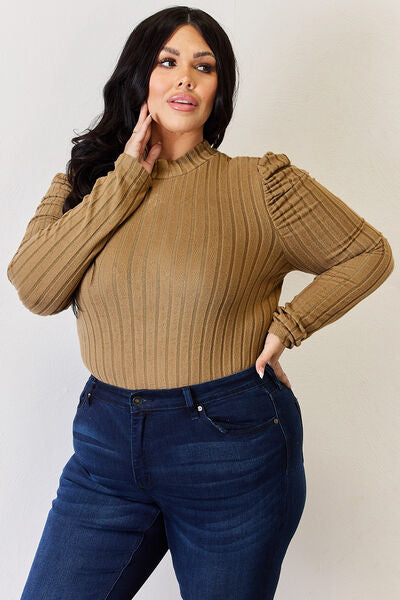Basic Bae Full Size Ribbed Mock Neck Puff Sleeve T-Shirt from Enfance-Heureuse