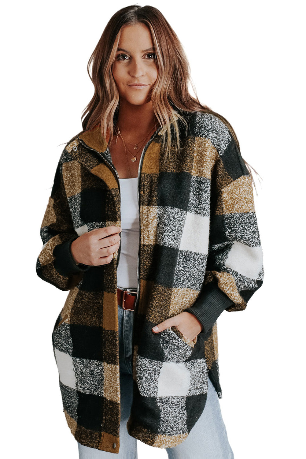 Black Zipper Side Pockets Plaid Overcoat from MsDressly
