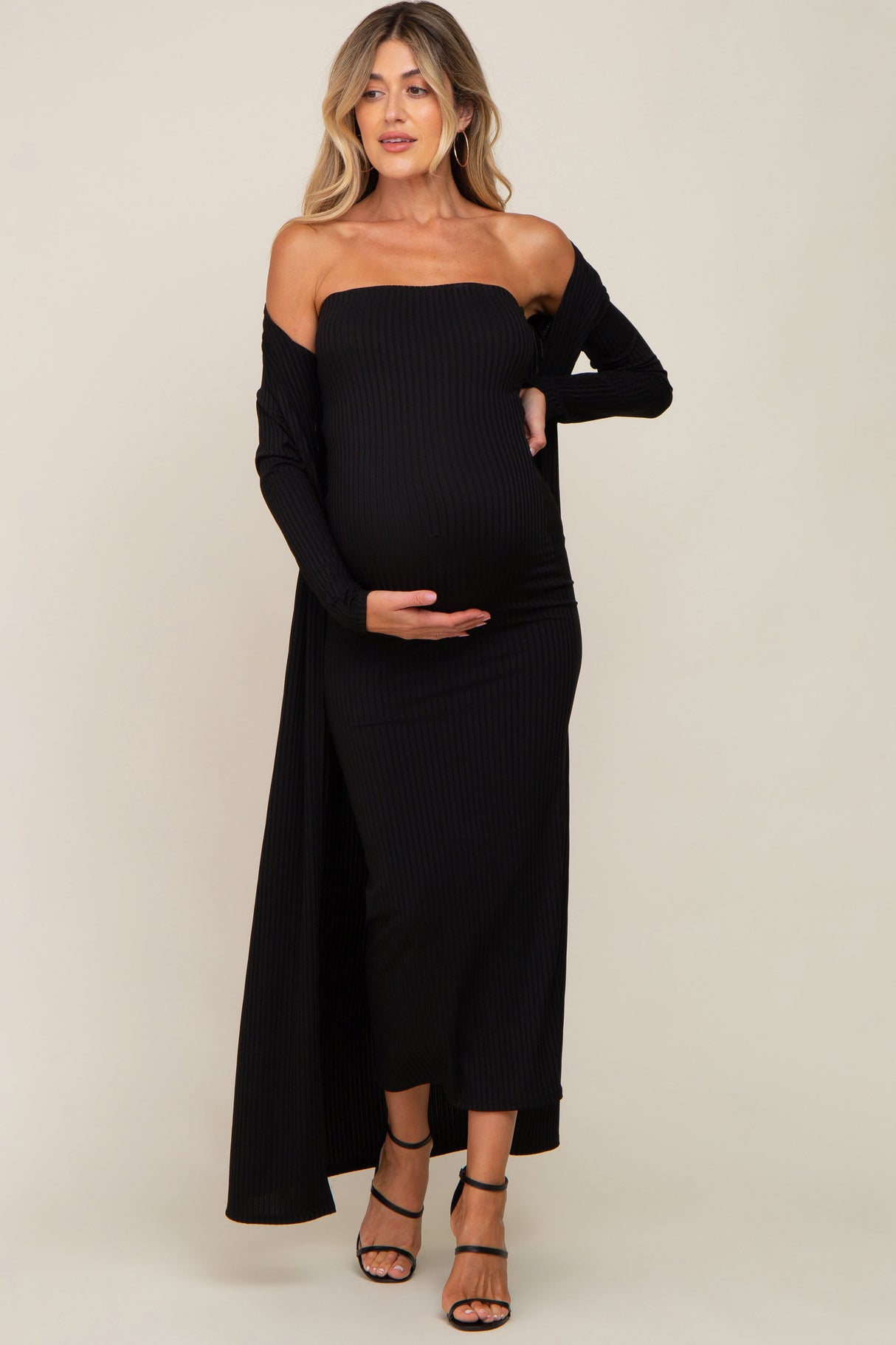 Black Ribbed Sleeveless Dress Cardigan Maternity Set from PinkBlush