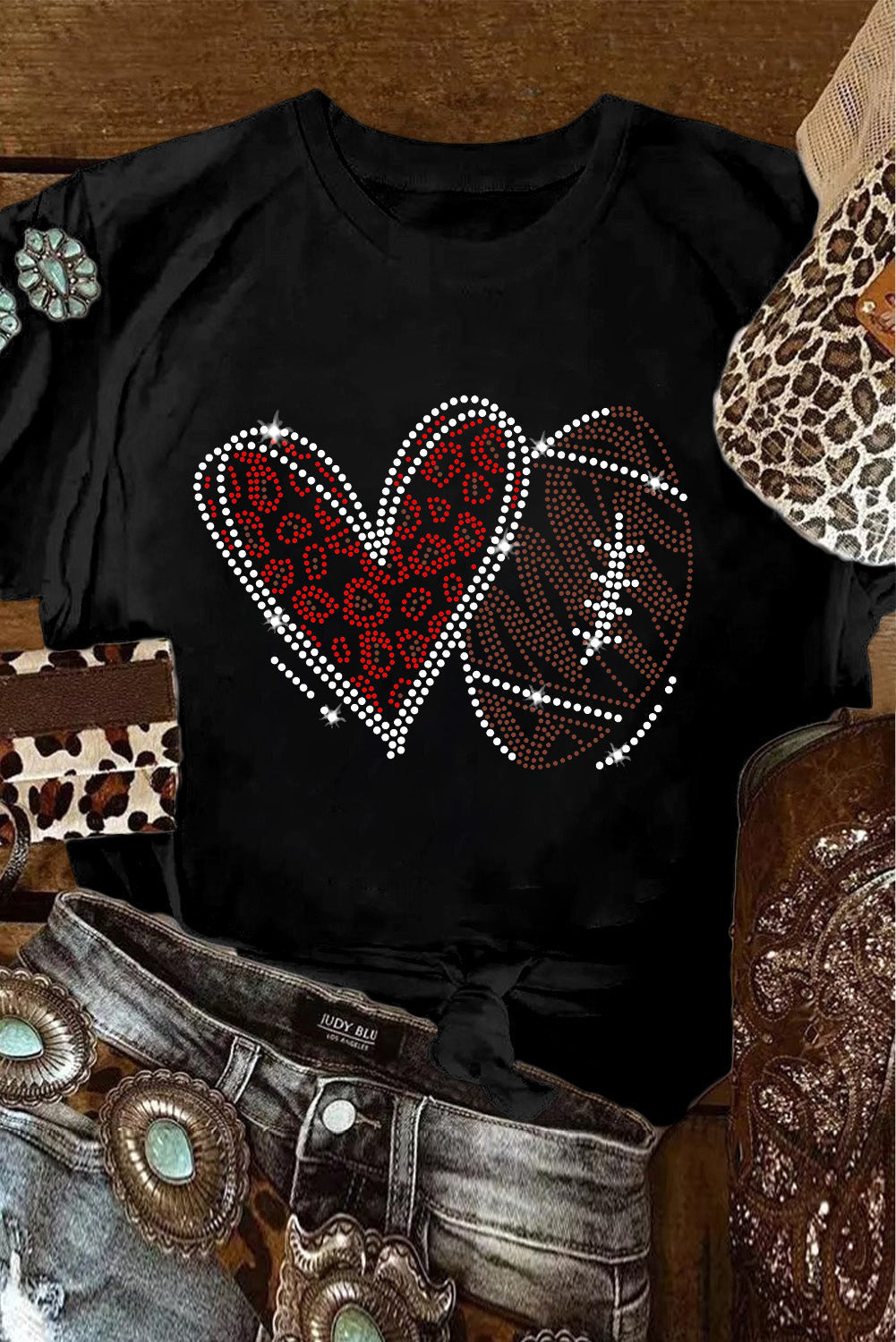 Black Rhinestone Rugby Football Heart Shape Graphic T Shirt from MsDressly