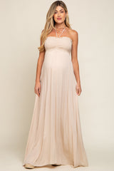 Beige Smocked Halter Maternity Maxi Dress from PinkBlush