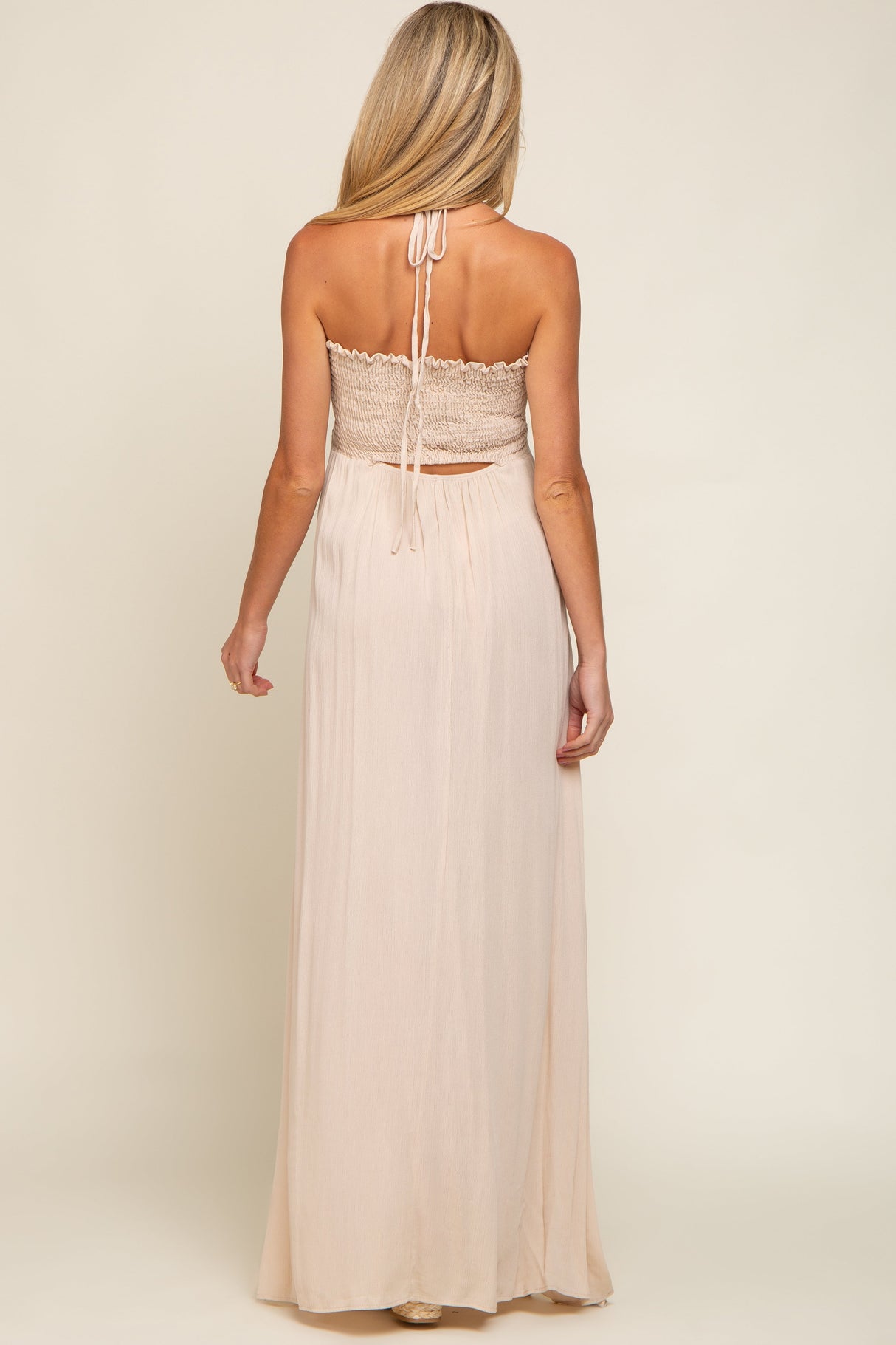 Beige Smocked Halter Maternity Maxi Dress from PinkBlush