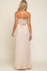 Beige Smocked Halter Maternity Maxi Dress from PinkBlush