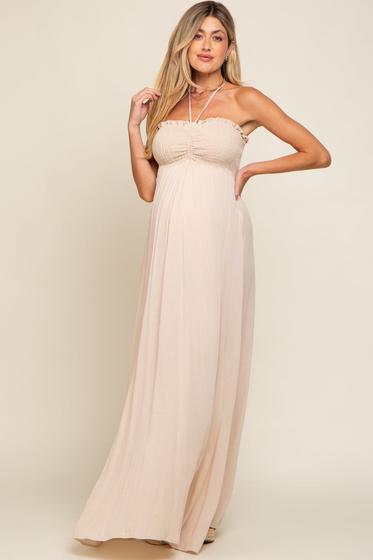 Beige Smocked Halter Maternity Maxi Dress from PinkBlush