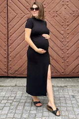 Black Mock Neck Front Slit Short Sleeve Maternity Maxi Dress from PinkBlush