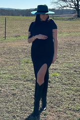Black Mock Neck Front Slit Short Sleeve Maternity Maxi Dress from PinkBlush