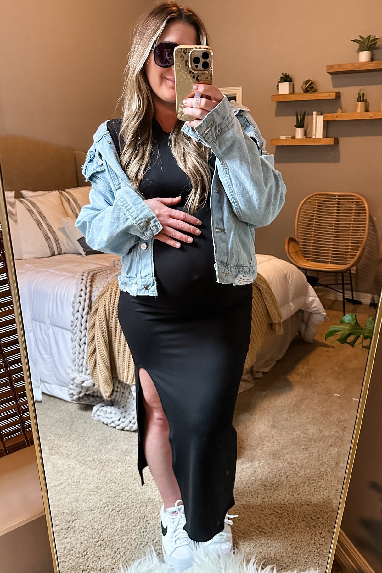 Black Mock Neck Front Slit Short Sleeve Maternity Maxi Dress from PinkBlush