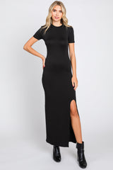 Black Mock Neck Front Slit Short Sleeve Maternity Maxi Dress from PinkBlush