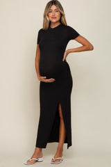 Black Mock Neck Front Slit Short Sleeve Maternity Maxi Dress from PinkBlush