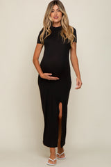Black Mock Neck Front Slit Short Sleeve Maternity Maxi Dress from PinkBlush