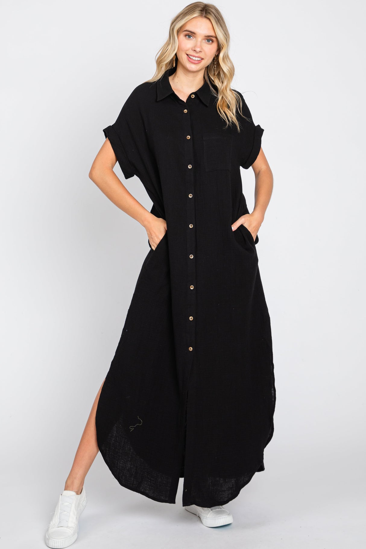 Black Button Down Maternity Midi Dress from PinkBlush