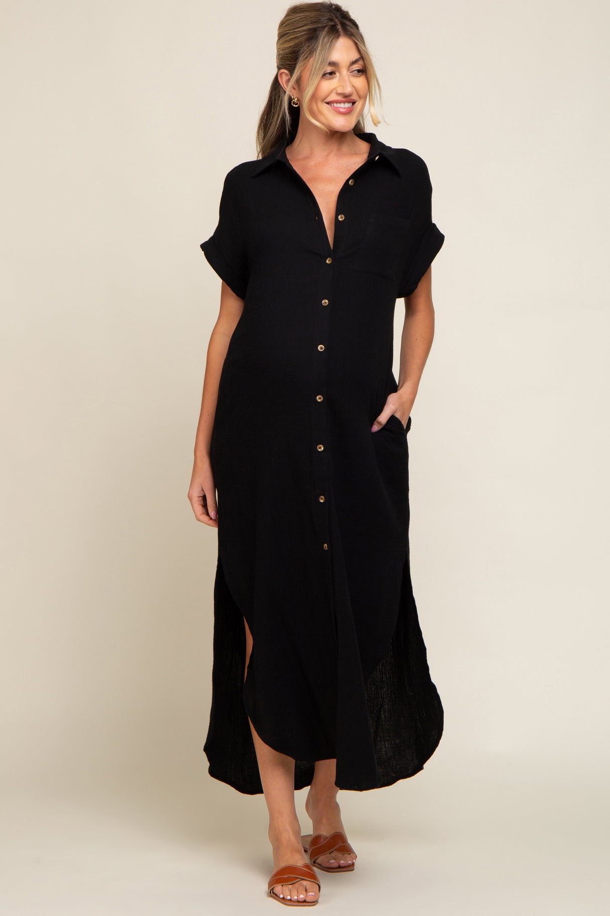 Black Button Down Maternity Midi Dress from PinkBlush