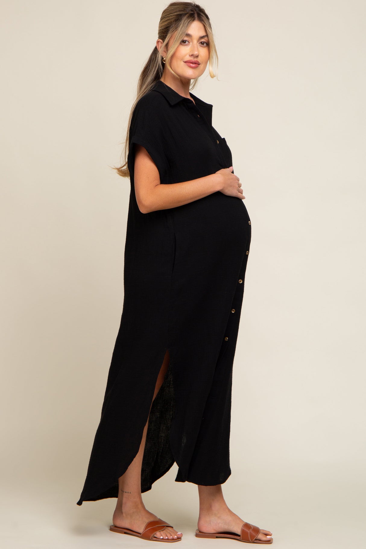 Black Button Down Maternity Midi Dress from PinkBlush