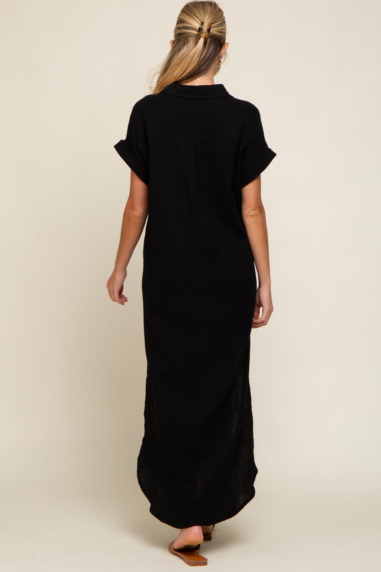 Black Button Down Maternity Midi Dress from PinkBlush