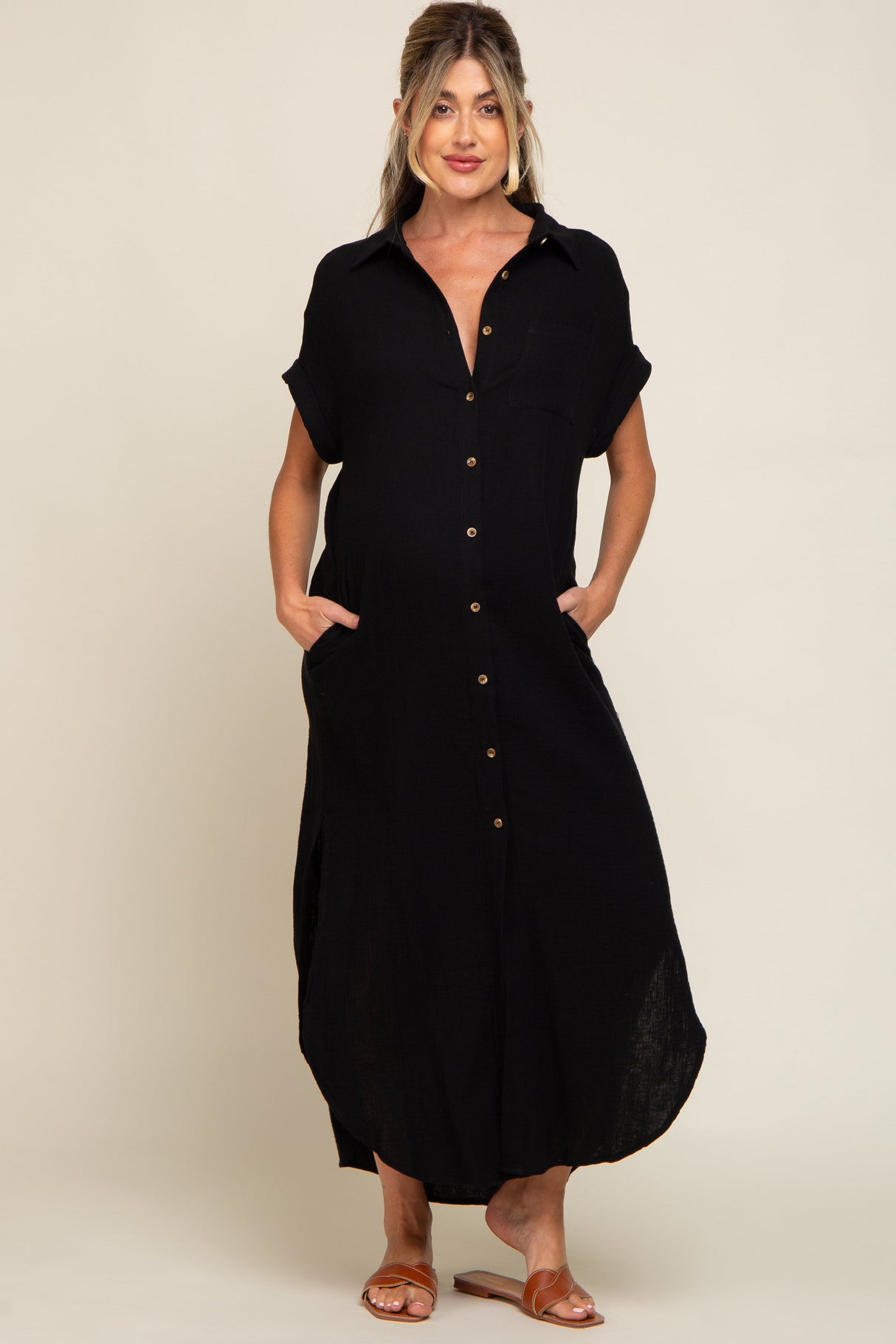 Black Button Down Maternity Midi Dress from PinkBlush