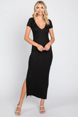 Black Basic Ribbed Side Slit Maternity Midi Dress from PinkBlush