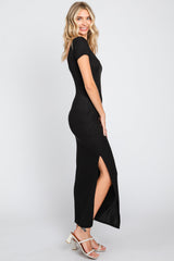 Black Basic Ribbed Side Slit Midi Dress from PinkBlush