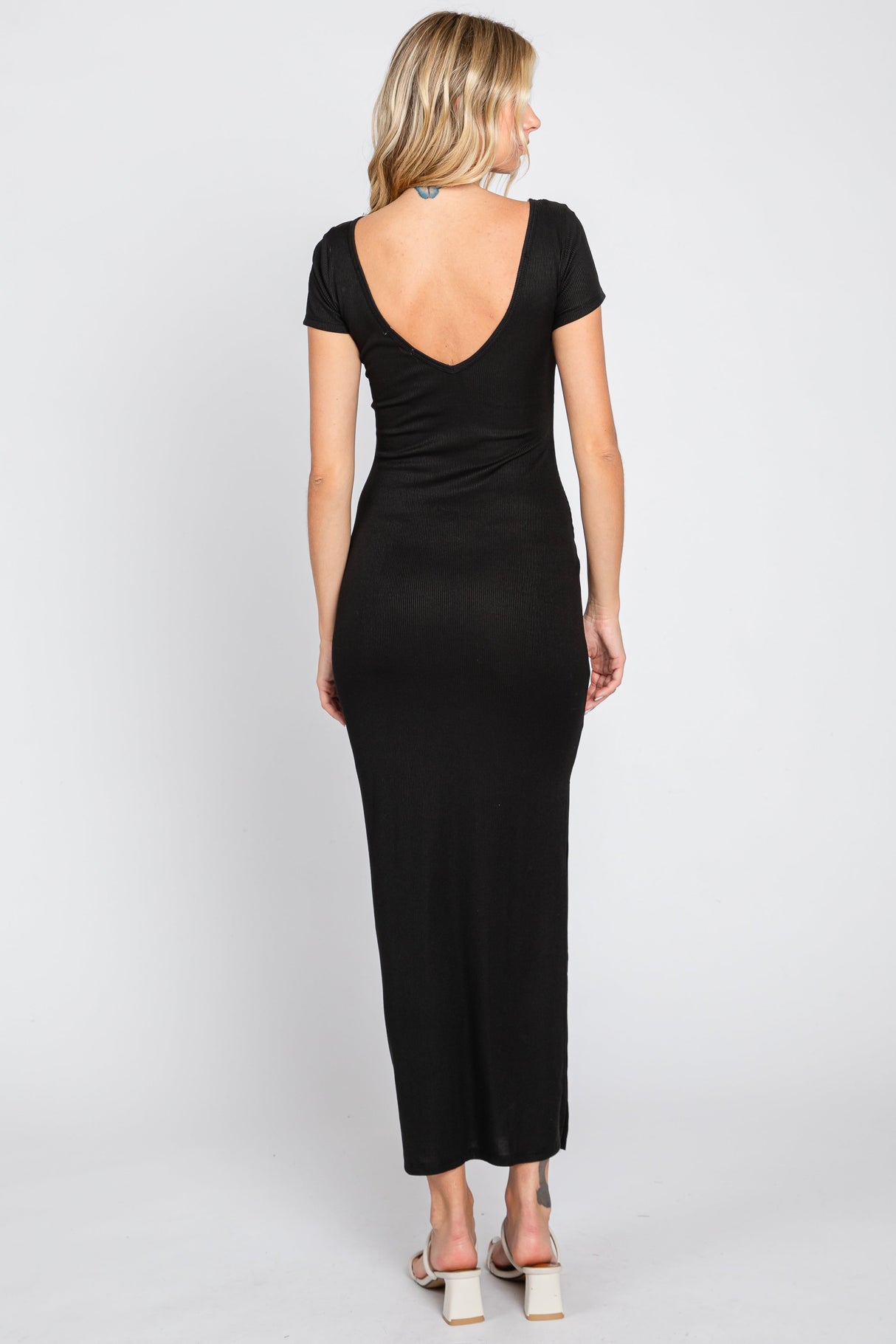 Black Basic Ribbed Side Slit Midi Dress from PinkBlush