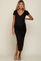 Black Basic Ribbed Side Slit Maternity Midi Dress from PinkBlush