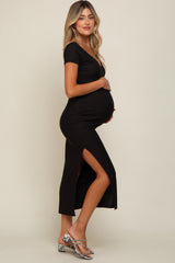 Black Basic Ribbed Side Slit Maternity Midi Dress from PinkBlush