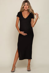 Black Basic Ribbed Side Slit Maternity Midi Dress from PinkBlush