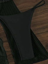Black Crochet Micro Bikini Set with O-ring Detail and Backless Cover-Up Dress from MsDressly