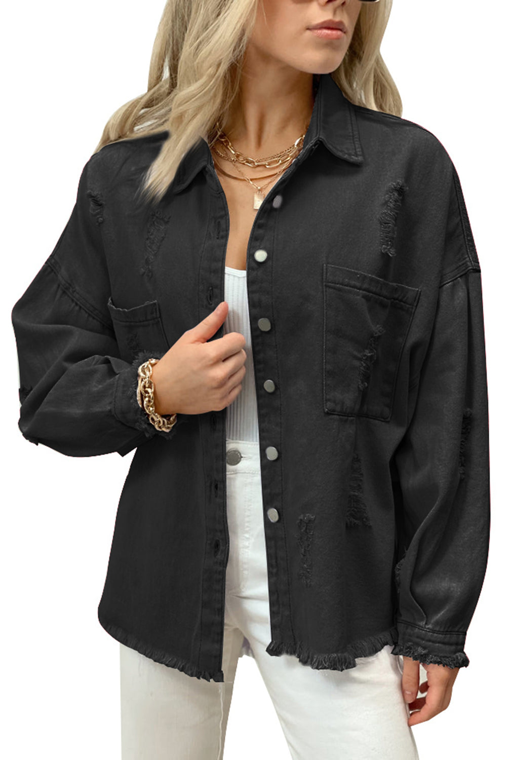 Black Distressed Fringe Trim Denim Jacket from MsDressly